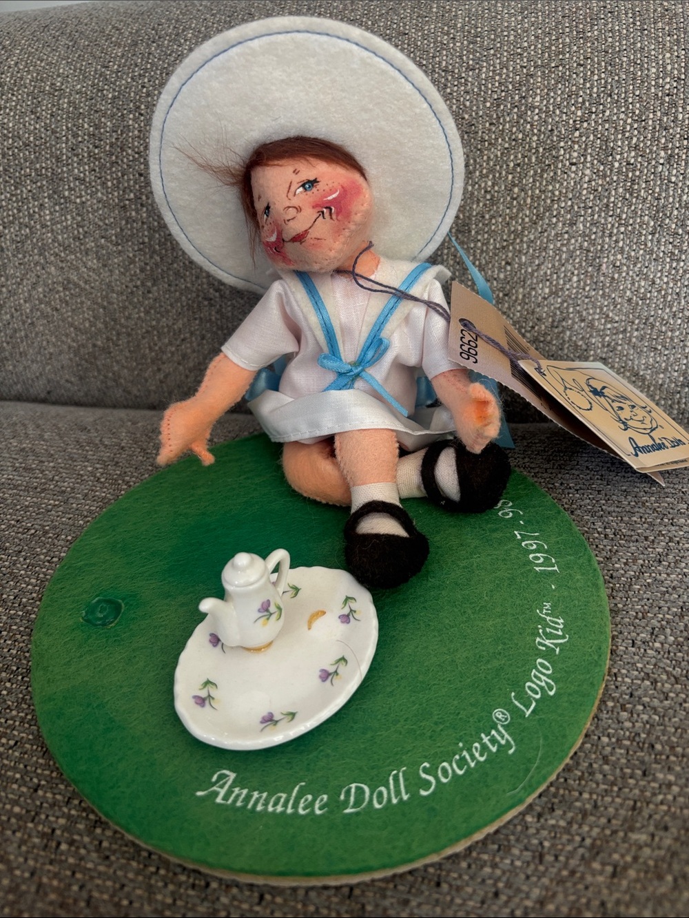 Annalee White and Blue Sailor Girl Doll on Green Felt Base
